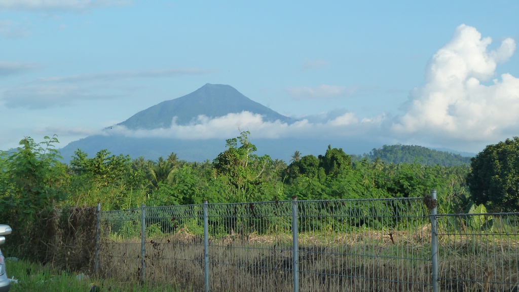 Ein Vulkan im Hintergrund